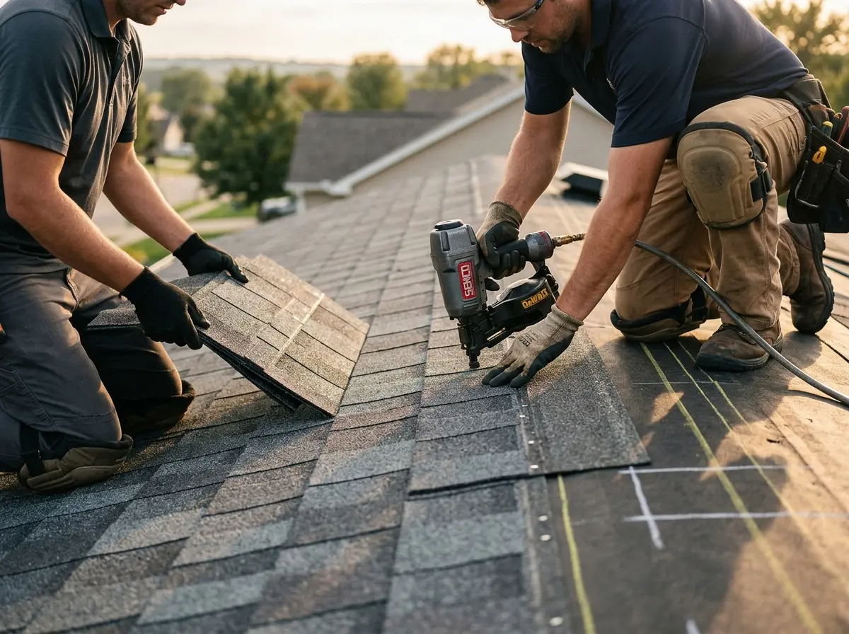 Professional roofer working on a residential roof in Sun Village